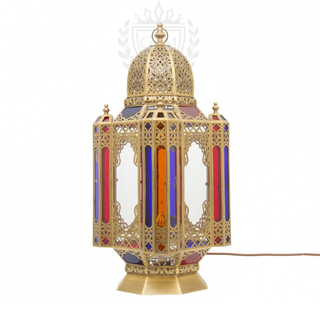 Handmade Brass Moroccan Table Lamp with Colored Glass - Intricate Metalwork - 30cm x 60cm