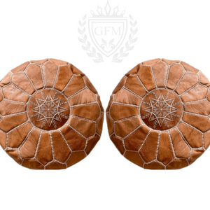 2 Moroccan leather pouf, Moroccan Ottoman pouf, moroccan pouffe light brown