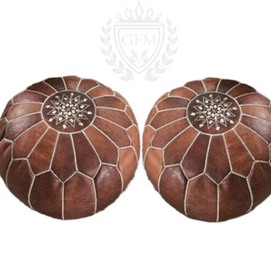 Set of 2 Moroccan leather pouf, round pouf, Moroccan ottoman leather pouf