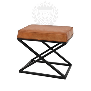 Set of 2 Rectangular Genuine Leather Seats with Iron Base