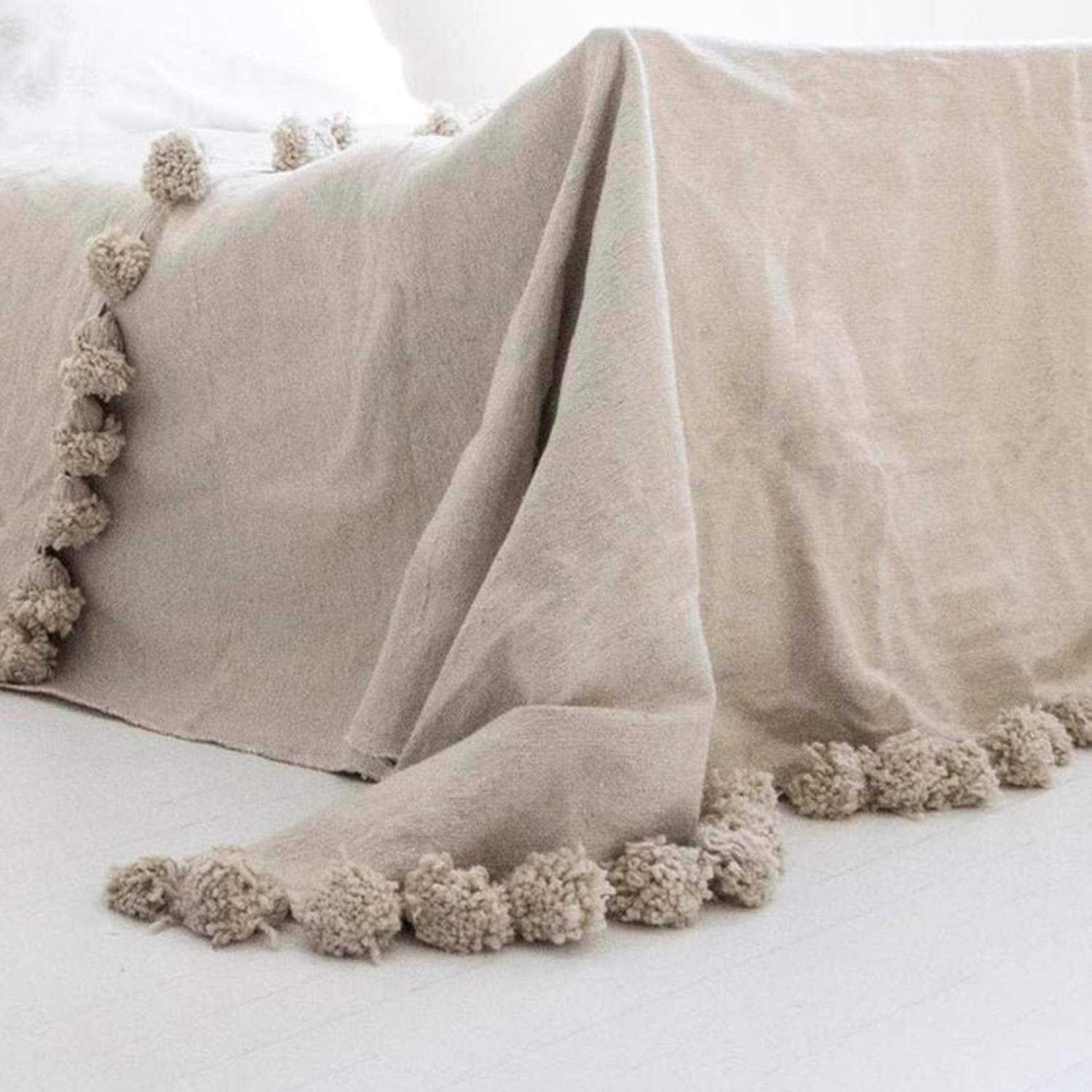 Bed Cover - Beige Blanket, Moroccan Pompom Blanket in Ivory Color