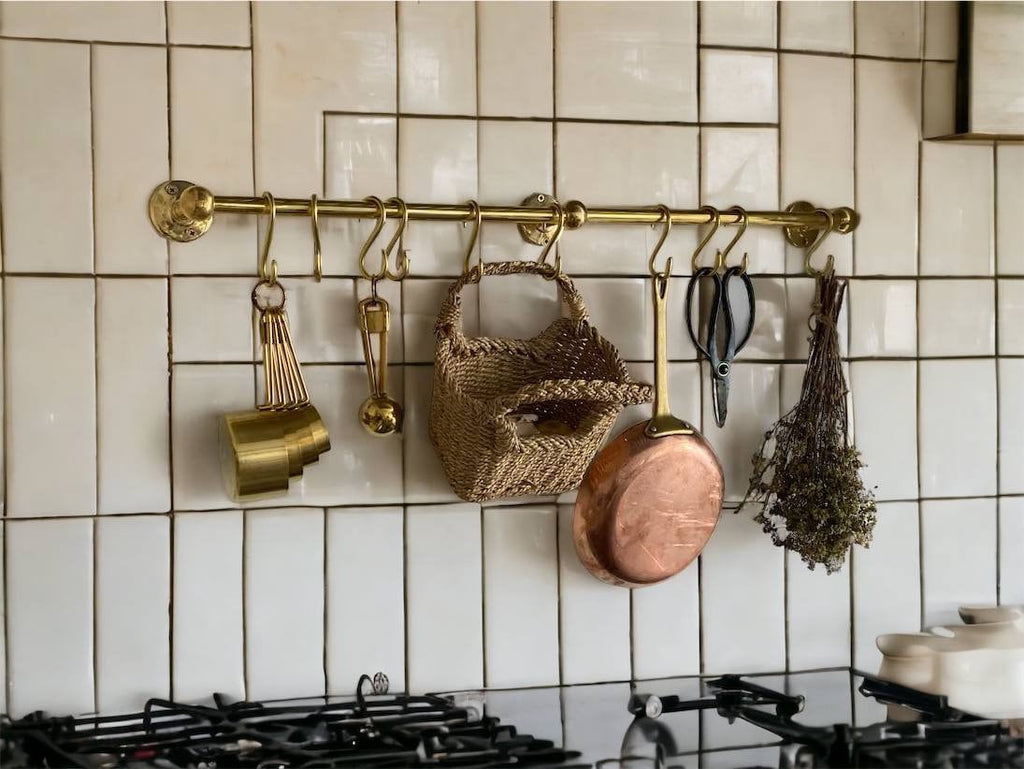 Unlacquered Brass Pot Rack Wall Mount with "S" Hooks| Handcrafted Kitchen Pot Rack  | 40-Inch Brass Pot Rail