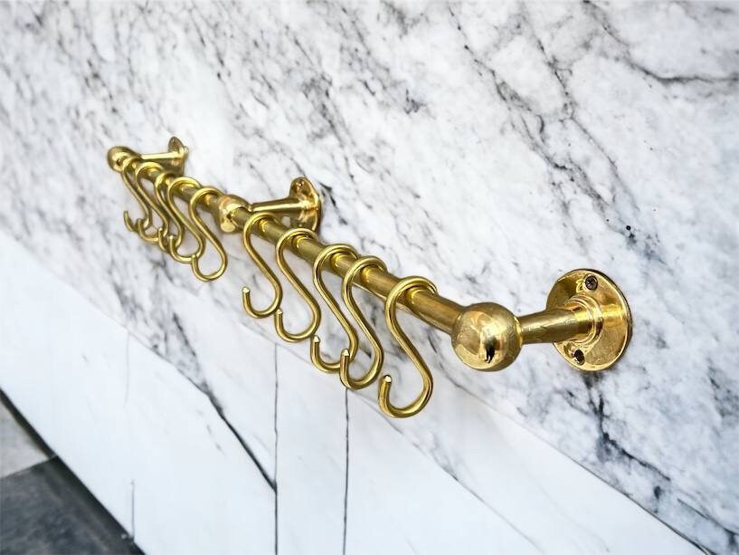 Unlacquered Brass Pot Rack Wall Mount with "S" Hooks| Handcrafted Kitchen Pot Rack  | 40-Inch Brass Pot Rail