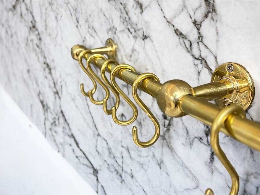 Unlacquered Brass Pot Rack Wall Mount with "S" Hooks| Handcrafted Kitchen Pot Rack  | 40-Inch Brass Pot Rail