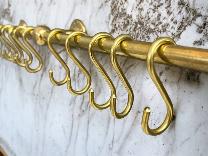 Unlacquered Brass Pot Rack Wall Mount with "S" Hooks| Handcrafted Kitchen Pot Rack  | 40-Inch Brass Pot Rail