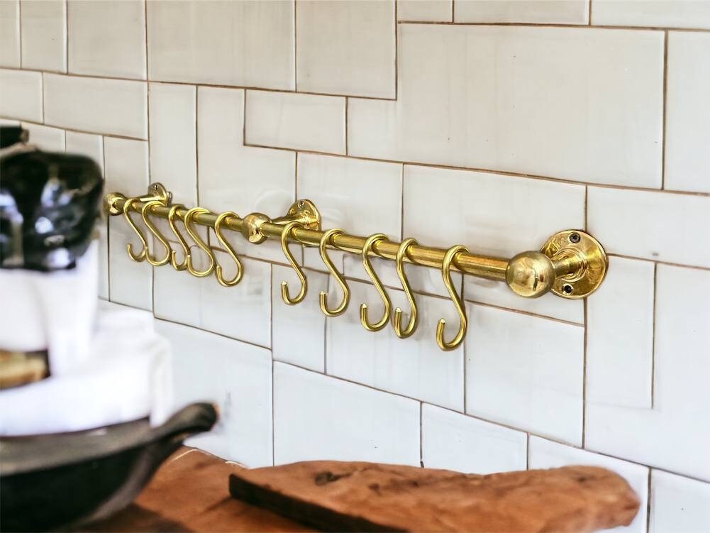 Unlacquered Brass Pot Rack Wall Mount with "S" Hooks| Handcrafted Kitchen Pot Rack  | 40-Inch Brass Pot Rail
