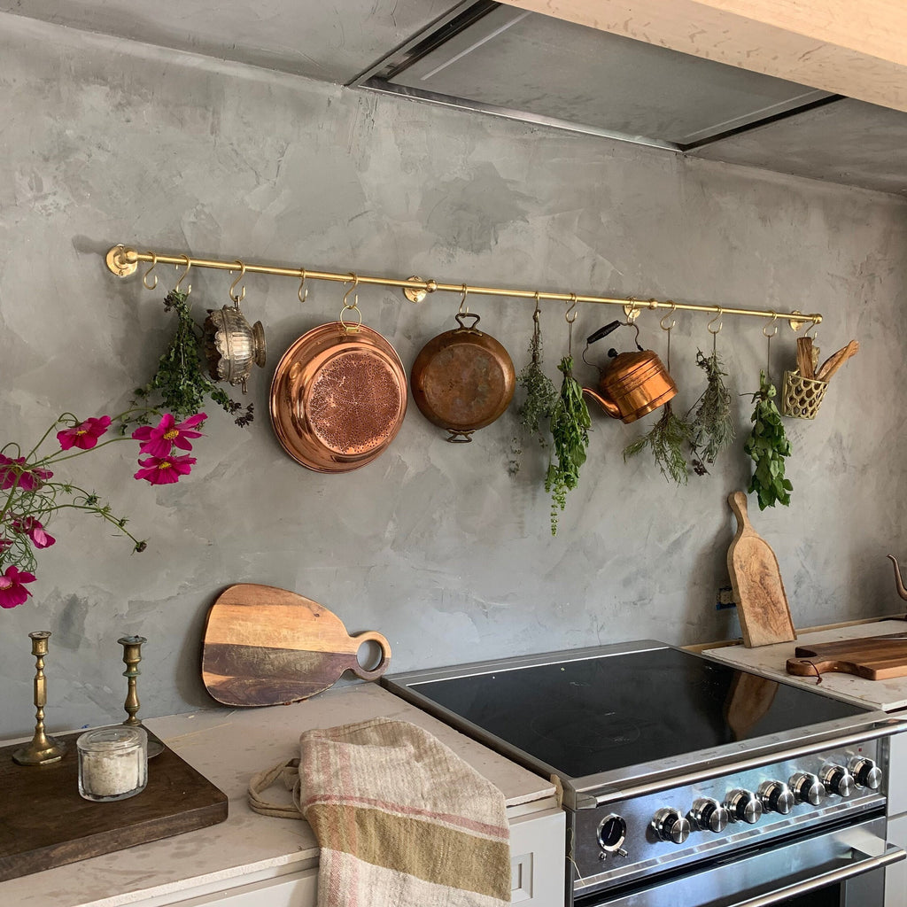 Unlacquered Brass Pot Rack Wall Mount with "S" Hooks| Handcrafted Kitchen Pot Rack  | 40-Inch Brass Pot Rail