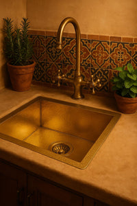 Hand-Hammered Moroccan Brass Bar Sink – Unlacquered Solid Brass Farmhouse Prep Sink for Bar, Hammered Style Water Fixture