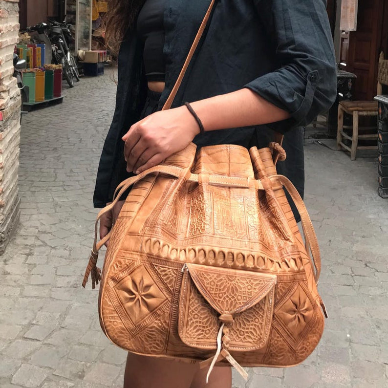 Drawstring Leather bag, Leather drawstring bag for women, Leather handwork bucket bag, women Wanderlust Bag, Handmade Engraved Leather Bag