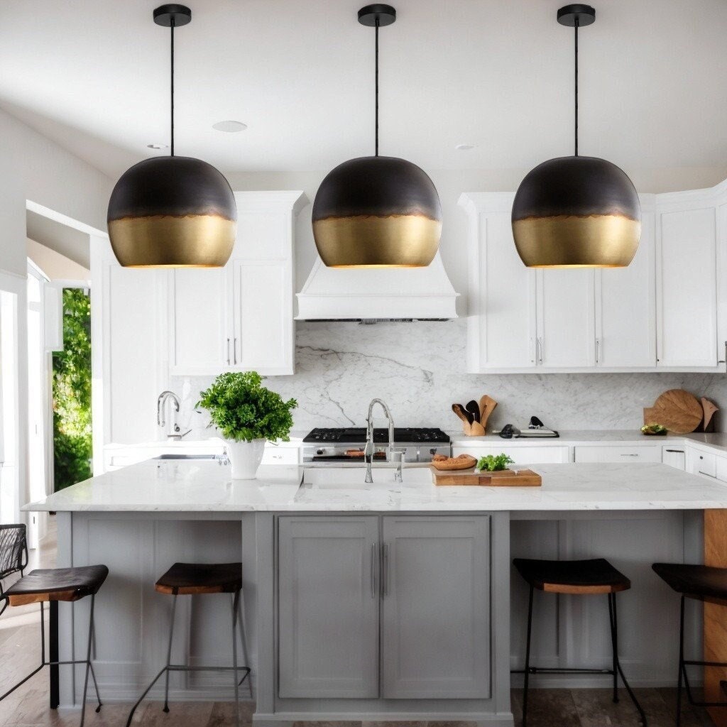 Handmade Moroccan Brass Dome Pendant Lights - Set of 3 Hanging Ceiling Fixtures
