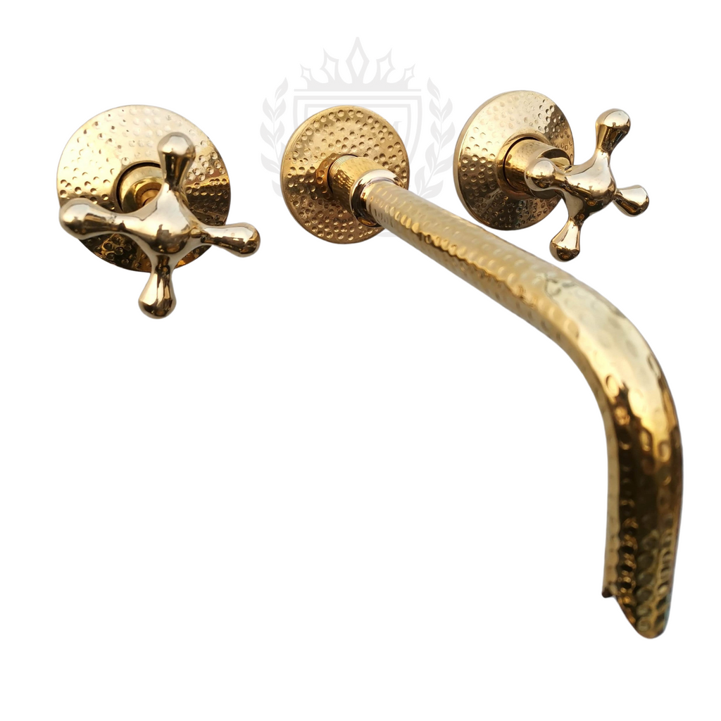 Handmade hammered brass wall-mounted faucet with cross handles

