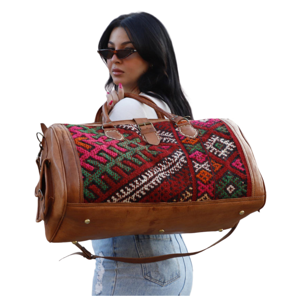 , Kilim duffle travel bag, kilim Duffle Bag, Moroccan Leather duffle bag, Unisex Kilim Weekender Bag, hipster travel bag