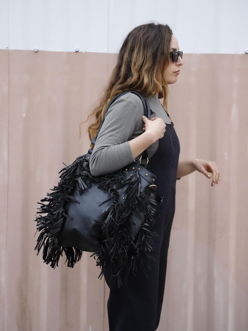 Fringed leather bag, Fringed tote bag, fringed leather crossbody, fringed purse crossbody, fringe leather cowgirl purse,Fringe western purse