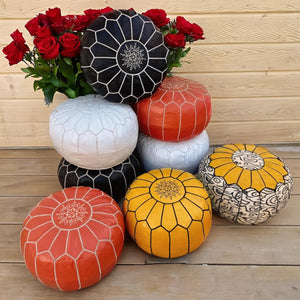 Moroccan POUF 50% OFF with White Stitching Leather Pouf Ottoman - Moroccan Leather Pouffe - Home Gifts - Wedding Gifts