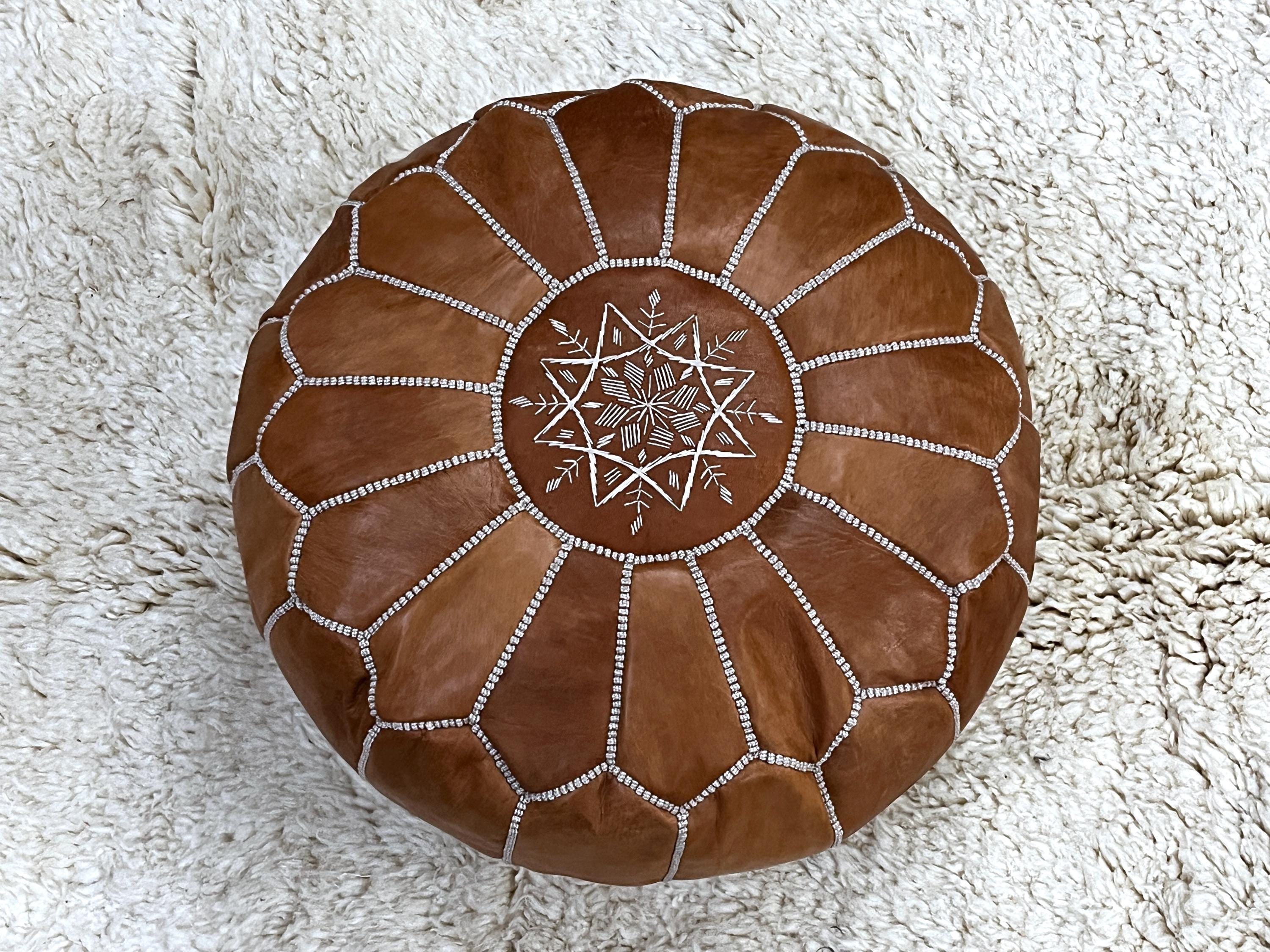 Moroccan POUF 50% OFF with White Stitching Leather Pouf Ottoman - Moroccan Leather Pouffe - Home Gifts - Wedding Gifts