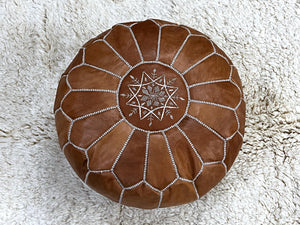 Moroccan POUF 50% OFF with White Stitching Leather Pouf Ottoman - Moroccan Leather Pouffe - Home Gifts - Wedding Gifts
