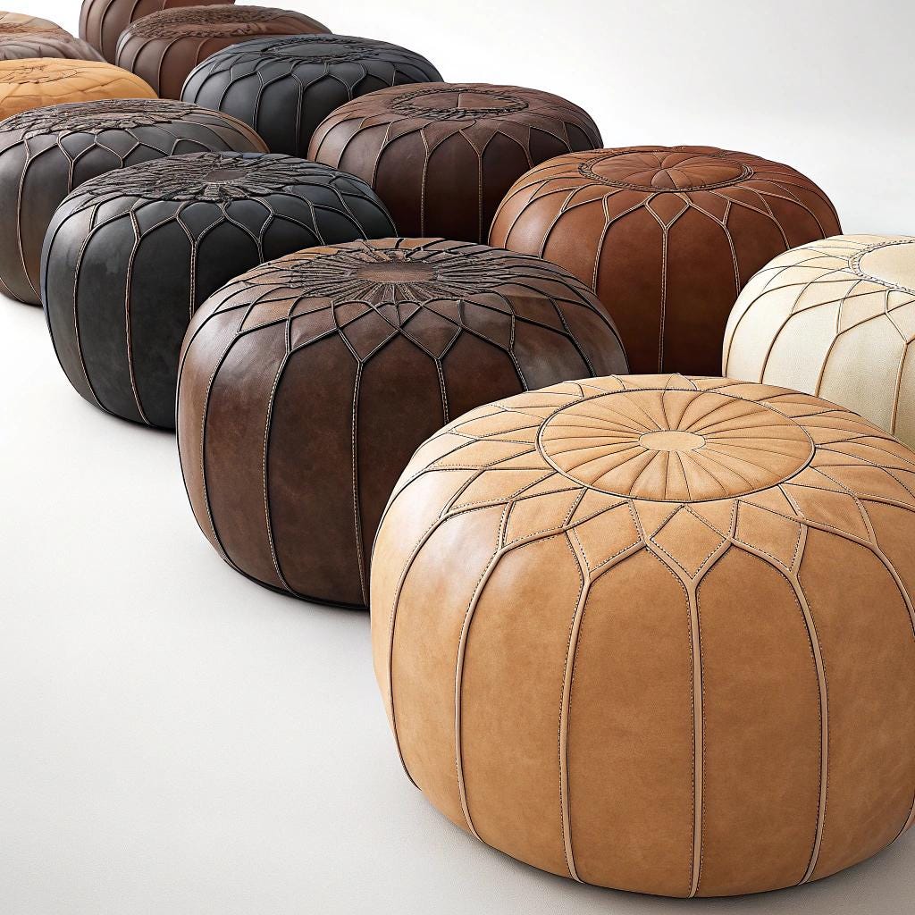 Moroccan POUF 50% OFF with White Stitching Leather Pouf Ottoman - Moroccan Leather Pouffe - Home Gifts - Wedding Gifts