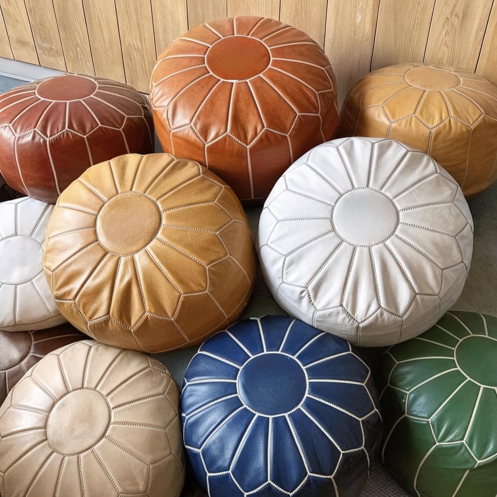 Moroccan POUF 50% OFF with White Stitching Leather Pouf Ottoman - Moroccan Leather Pouffe - Home Gifts - Wedding Gifts