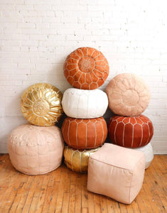 Moroccan POUF 50% OFF with White Stitching Leather Pouf Ottoman - Moroccan Leather Pouffe - Home Gifts - Wedding Gifts