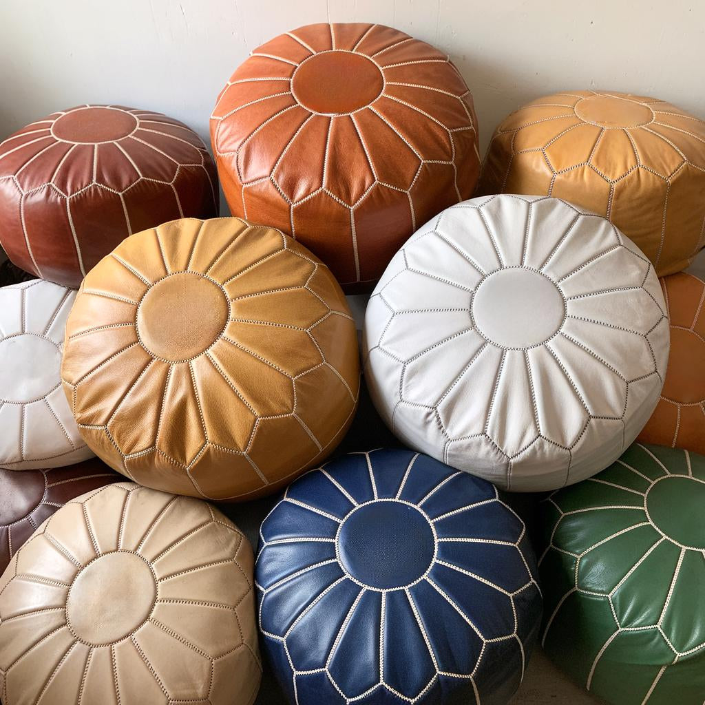 Moroccan POUF **70% OFF** with White Stitching Leather Pouf Ottoman Pouf Morrocan Leather Pouf Moroccan Pouffe, Home gifts, Wedding Gifts
