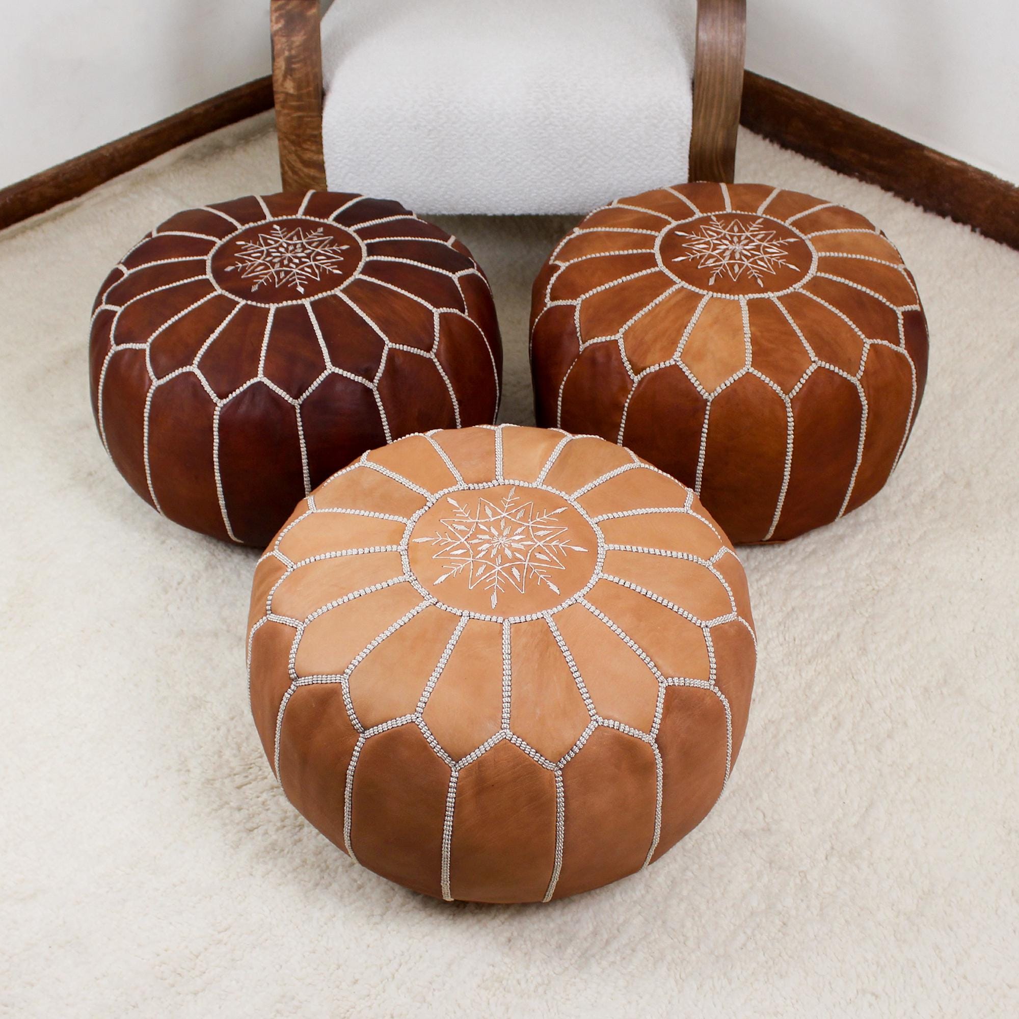 Moroccan Pouf Ottoman home Decor - Round Handmade Leather Tan Brown & Natural Pouf Ottoman, Footstool, Floor Cushion - New Home Gift !
