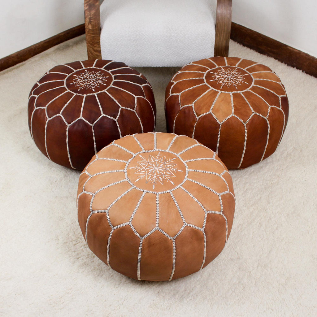 Moroccan Pouf Ottoman home Decor - Round Handmade Leather Tan Brown & Natural Pouf Ottoman, Footstool, Floor Cushion - New Home Gift !