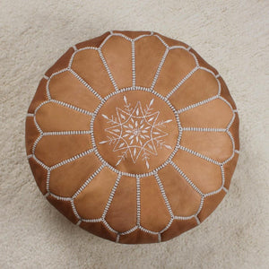 Moroccan Pouf Ottoman home Decor - Round Handmade Leather Tan Brown & Natural Pouf Ottoman, Footstool, Floor Cushion - New Home Gift !