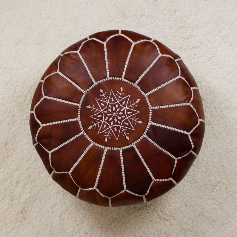 Moroccan Pouf Ottoman home Decor - Round Handmade Leather Tan Brown & Natural Pouf Ottoman, Footstool, Floor Cushion - New Home Gift !