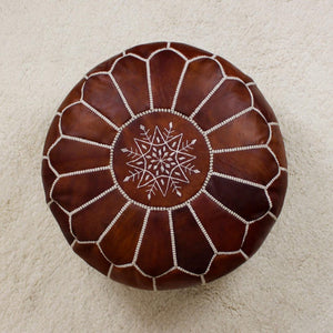Moroccan Pouf Ottoman home Decor - Round Handmade Leather Tan Brown & Natural Pouf Ottoman, Footstool, Floor Cushion - New Home Gift !
