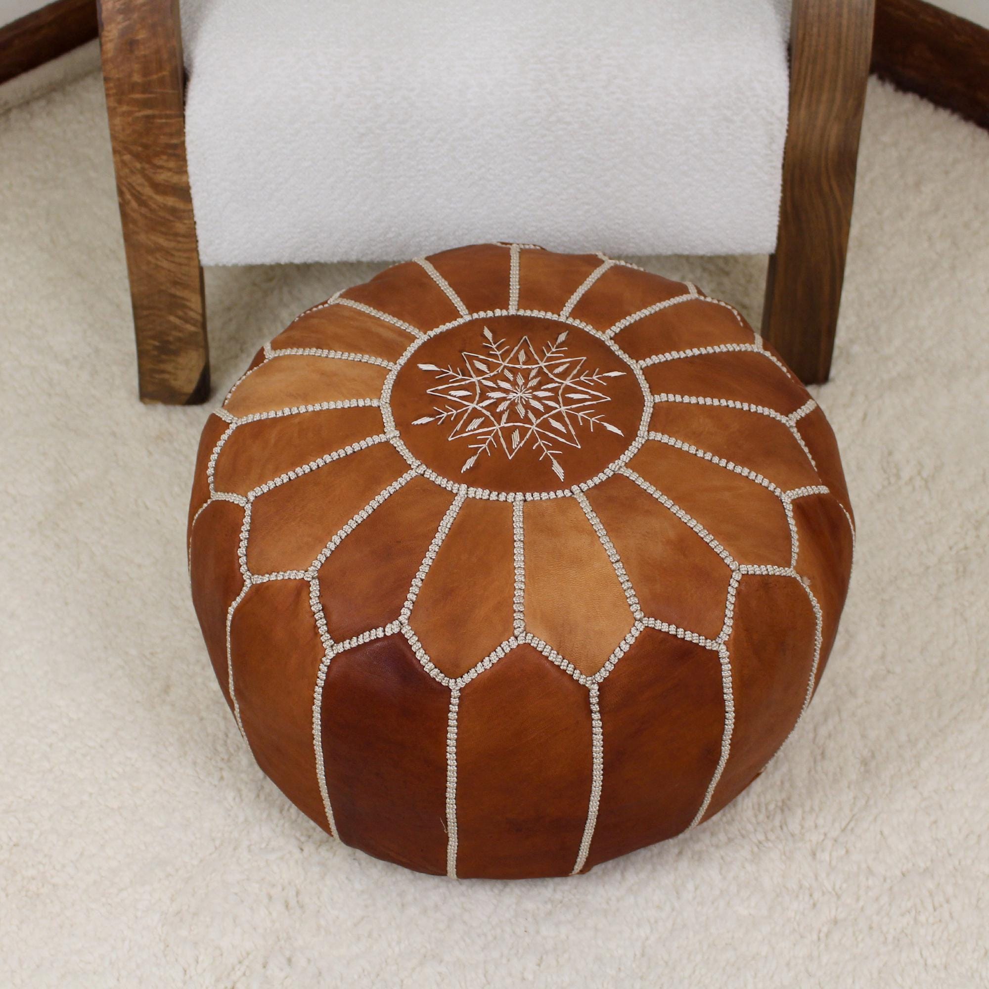 Moroccan Pouf Ottoman home Decor - Round Handmade Leather Tan Brown & Natural Pouf Ottoman, Footstool, Floor Cushion - New Home Gift !