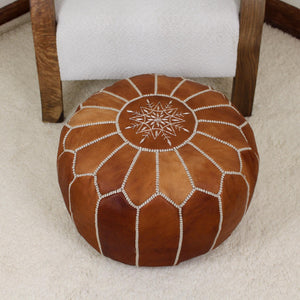 Moroccan Pouf Ottoman home Decor - Round Handmade Leather Tan Brown & Natural Pouf Ottoman, Footstool, Floor Cushion - New Home Gift !