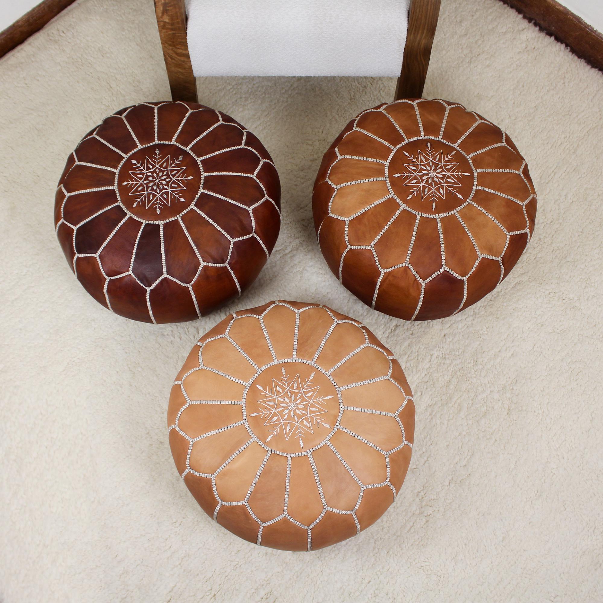 Moroccan Pouf Ottoman home Decor - Round Handmade Leather Tan Brown & Natural Pouf Ottoman, Footstool, Floor Cushion - New Home Gift !