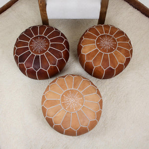 Moroccan Pouf Ottoman home Decor - Round Handmade Leather Tan Brown & Natural Pouf Ottoman, Footstool, Floor Cushion - New Home Gift !