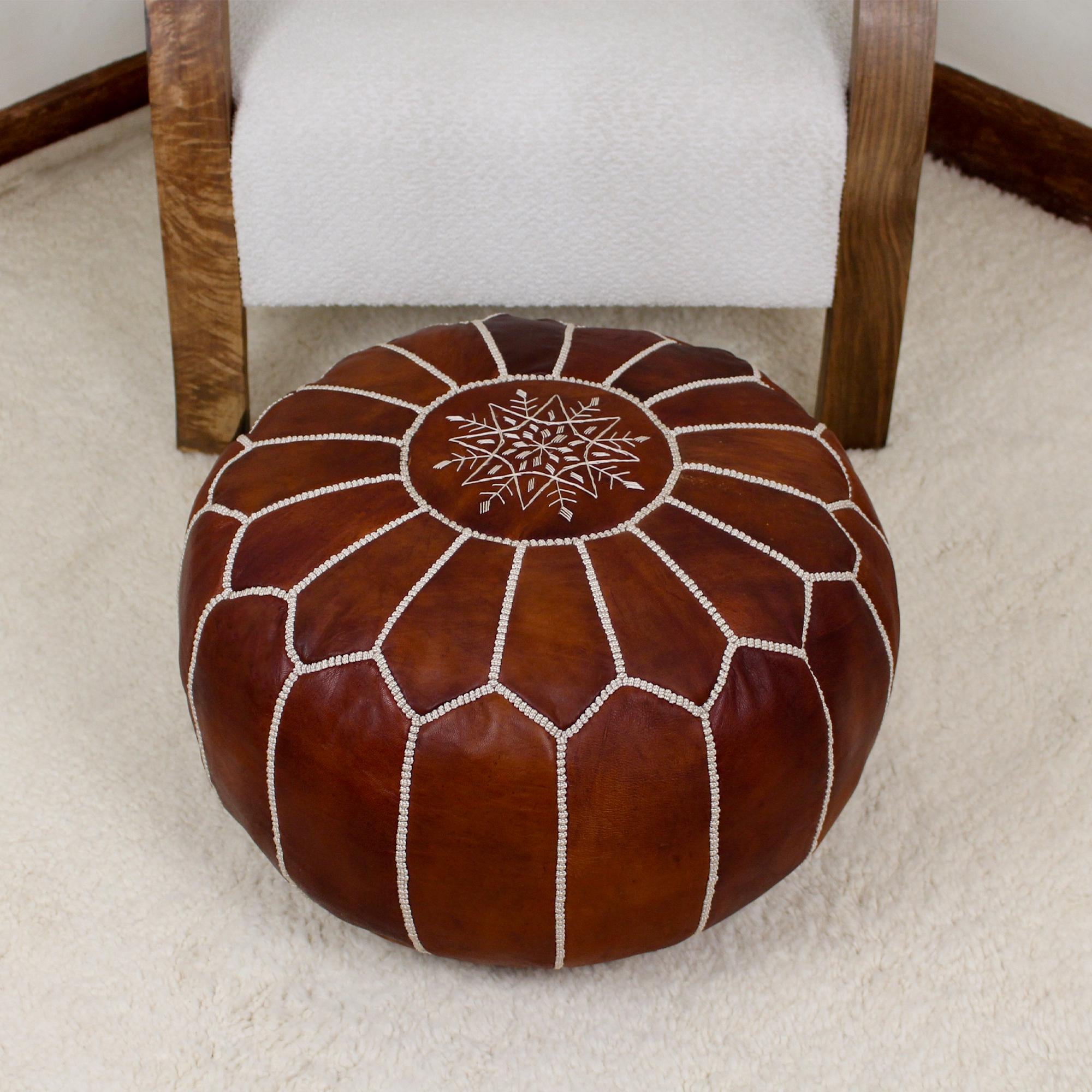 Moroccan Pouf Ottoman home Decor - Round Handmade Leather Tan Brown & Natural Pouf Ottoman, Footstool, Floor Cushion - New Home Gift !