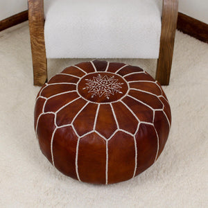 Moroccan Pouf Ottoman home Decor - Round Handmade Leather Tan Brown & Natural Pouf Ottoman, Footstool, Floor Cushion - New Home Gift !