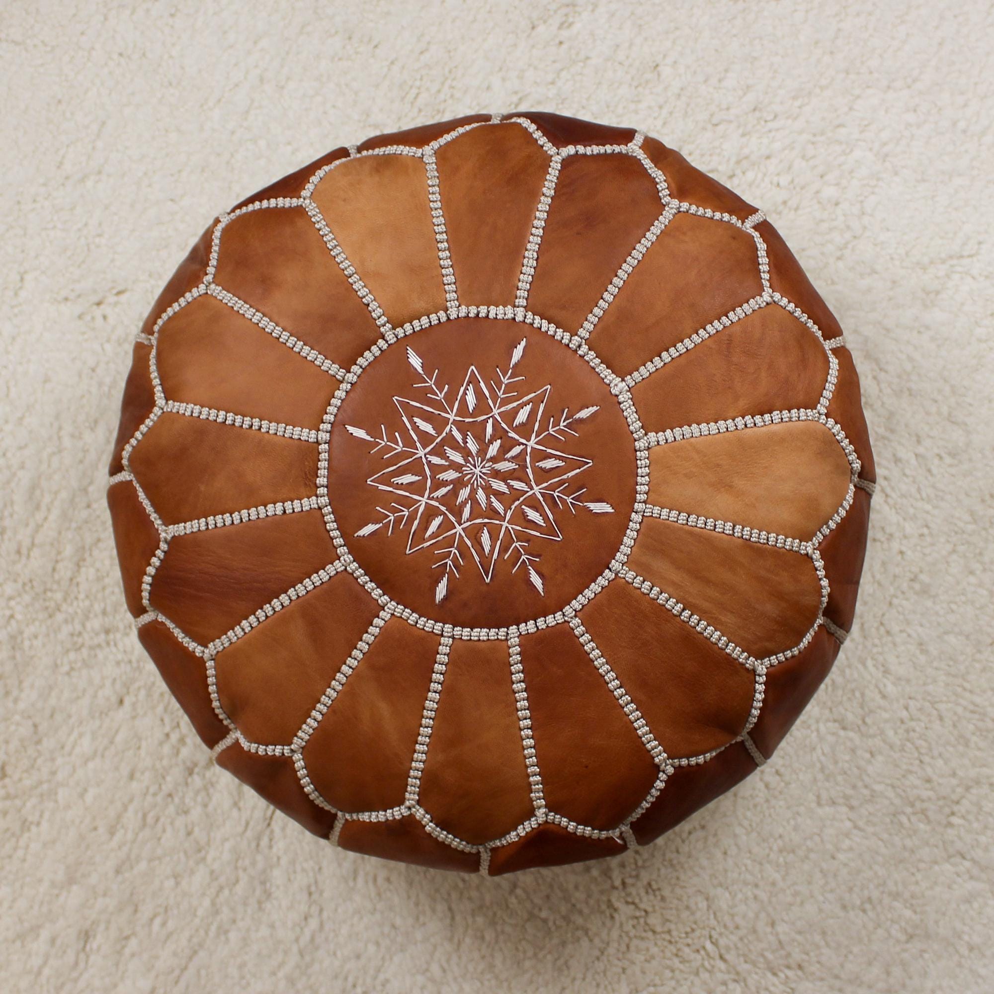 Moroccan Pouf Ottoman home Decor - Round Handmade Leather Tan Brown & Natural Pouf Ottoman, Footstool, Floor Cushion - New Home Gift !