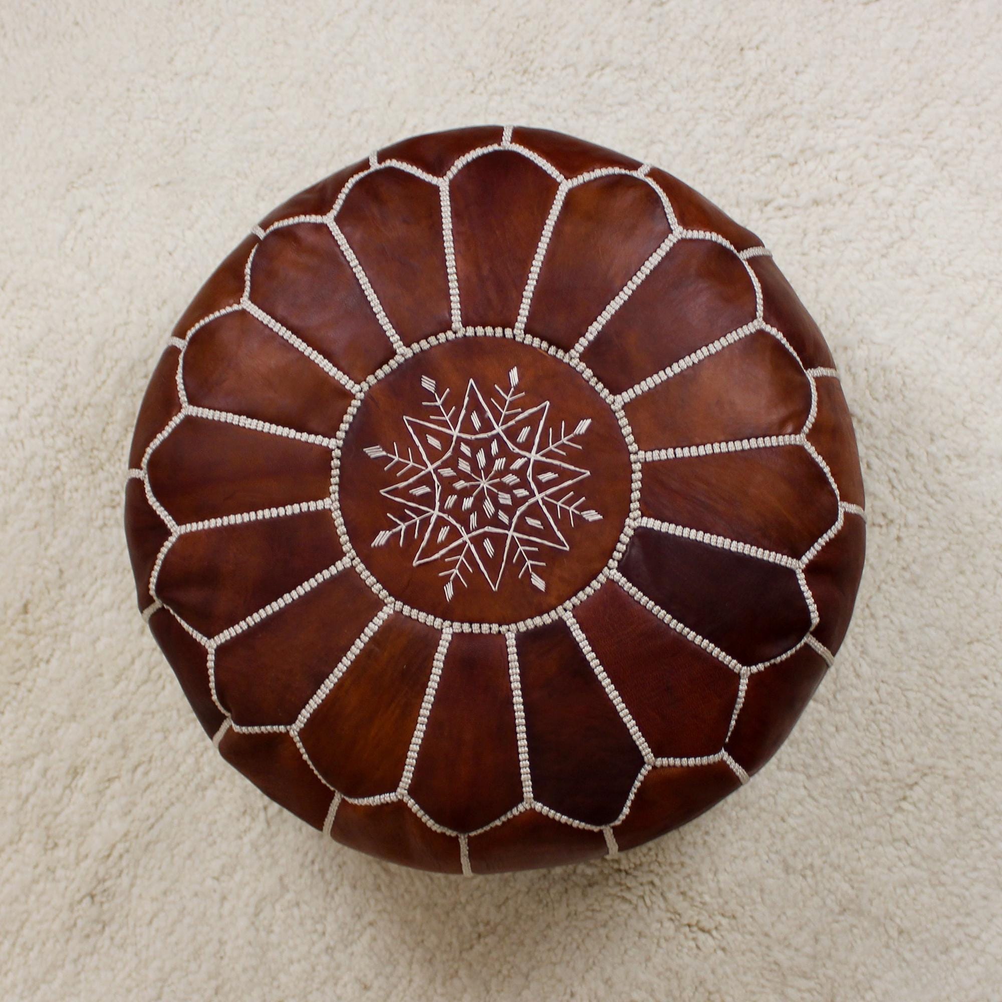 Moroccan Pouf Ottoman home Decor - Round Handmade Leather Tan Brown & Natural Pouf Ottoman, Footstool, Floor Cushion - New Home Gift !
