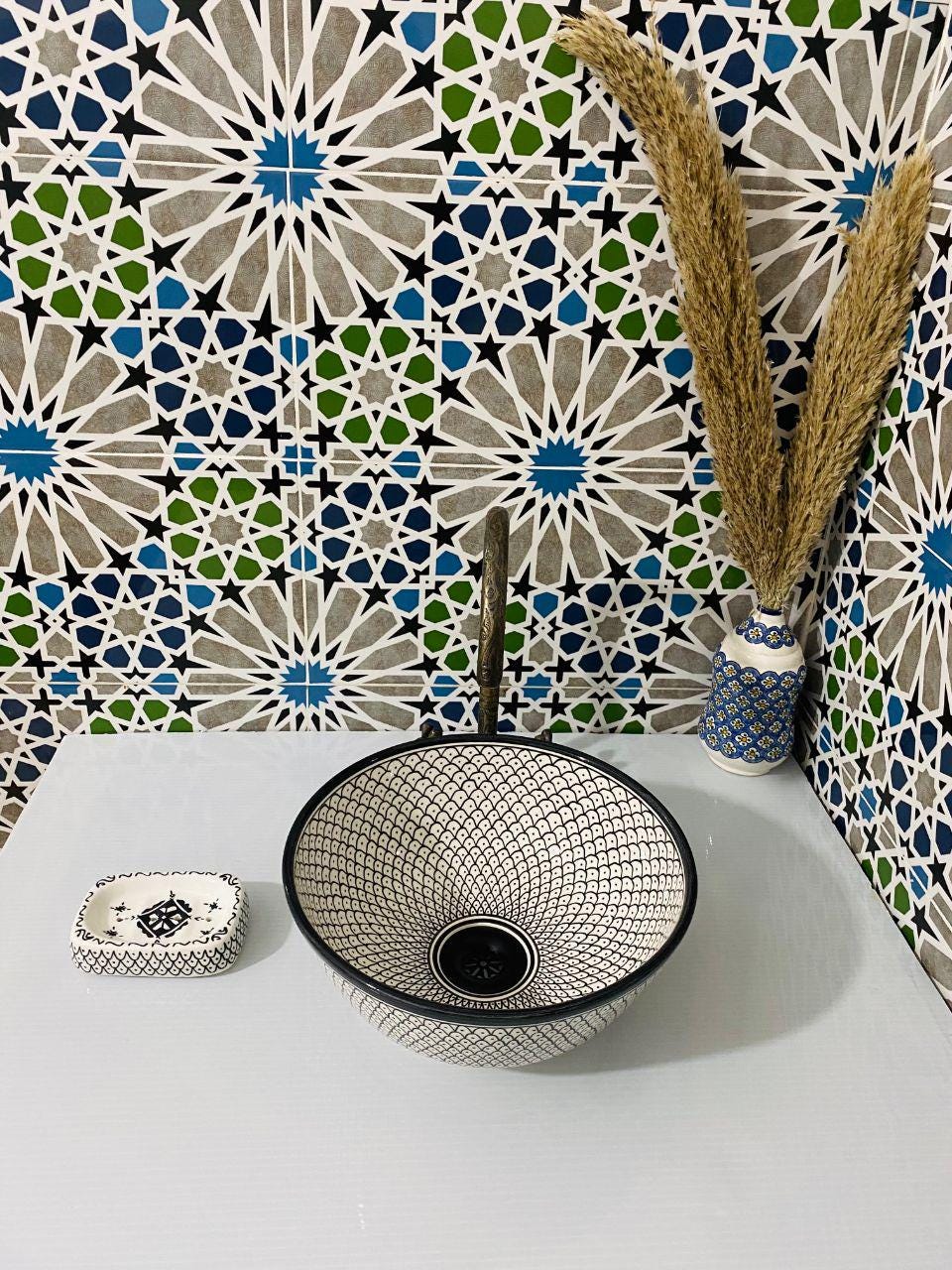 Handcrafted Moroccan Ceramic Sink – Black & White Pattern Vessel Basin – Artisan Bathroom Vanity