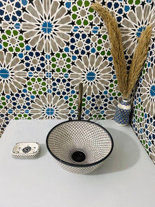 Handcrafted Moroccan Ceramic Sink – Black & White Pattern Vessel Basin – Artisan Bathroom Vanity