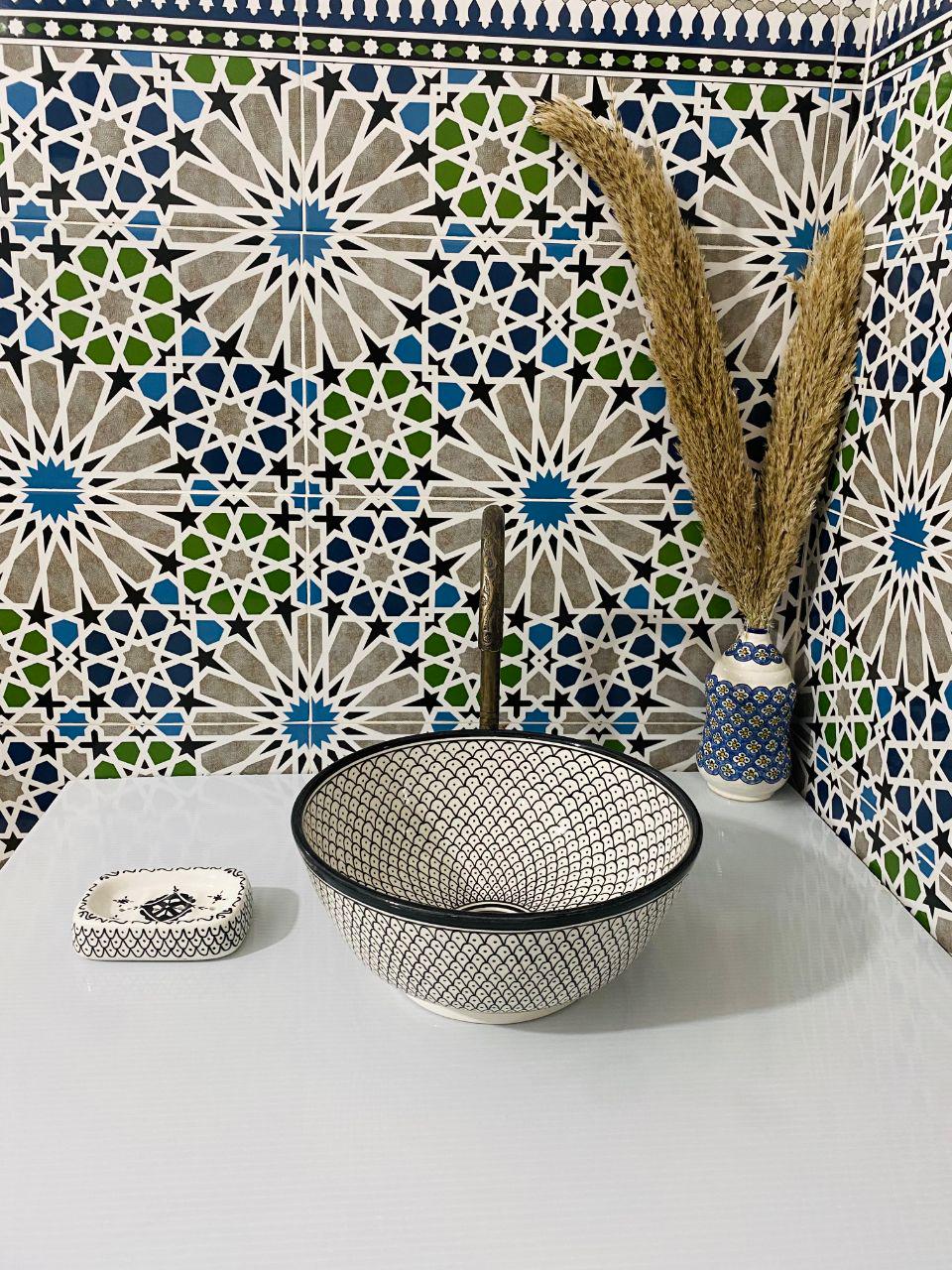 Handcrafted Moroccan Ceramic Sink – Black & White Pattern Vessel Basin – Artisan Bathroom Vanity