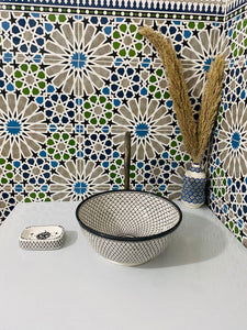 Handcrafted Moroccan Ceramic Sink – Black & White Pattern Vessel Basin – Artisan Bathroom Vanity