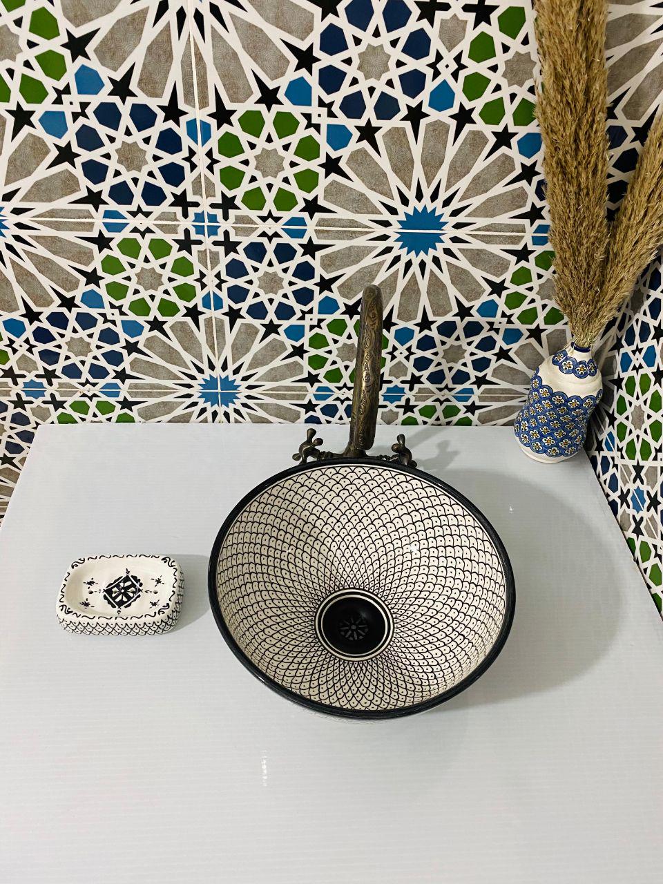 Handcrafted Moroccan Ceramic Sink – Black & White Pattern Vessel Basin – Artisan Bathroom Vanity