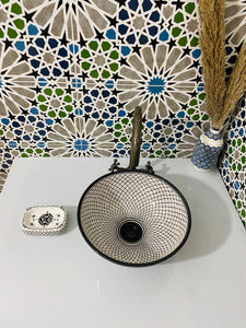 Handcrafted Moroccan Ceramic Sink – Black & White Pattern Vessel Basin – Artisan Bathroom Vanity