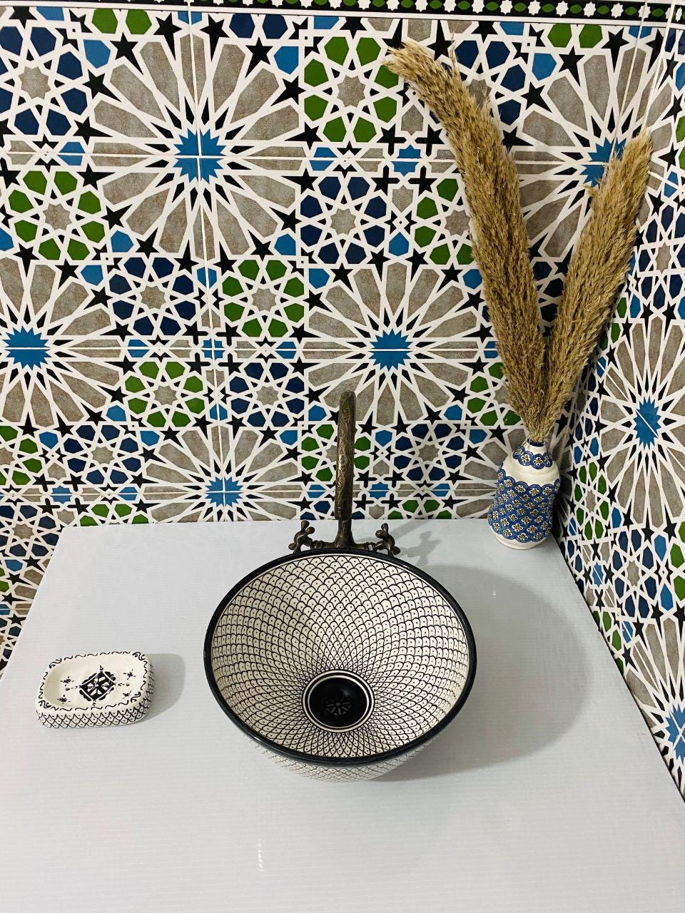 Handcrafted Moroccan Ceramic Sink – Black & White Pattern Vessel Basin – Artisan Bathroom Vanity