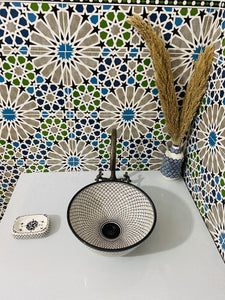 Handcrafted Moroccan Ceramic Sink – Black & White Pattern Vessel Basin – Artisan Bathroom Vanity