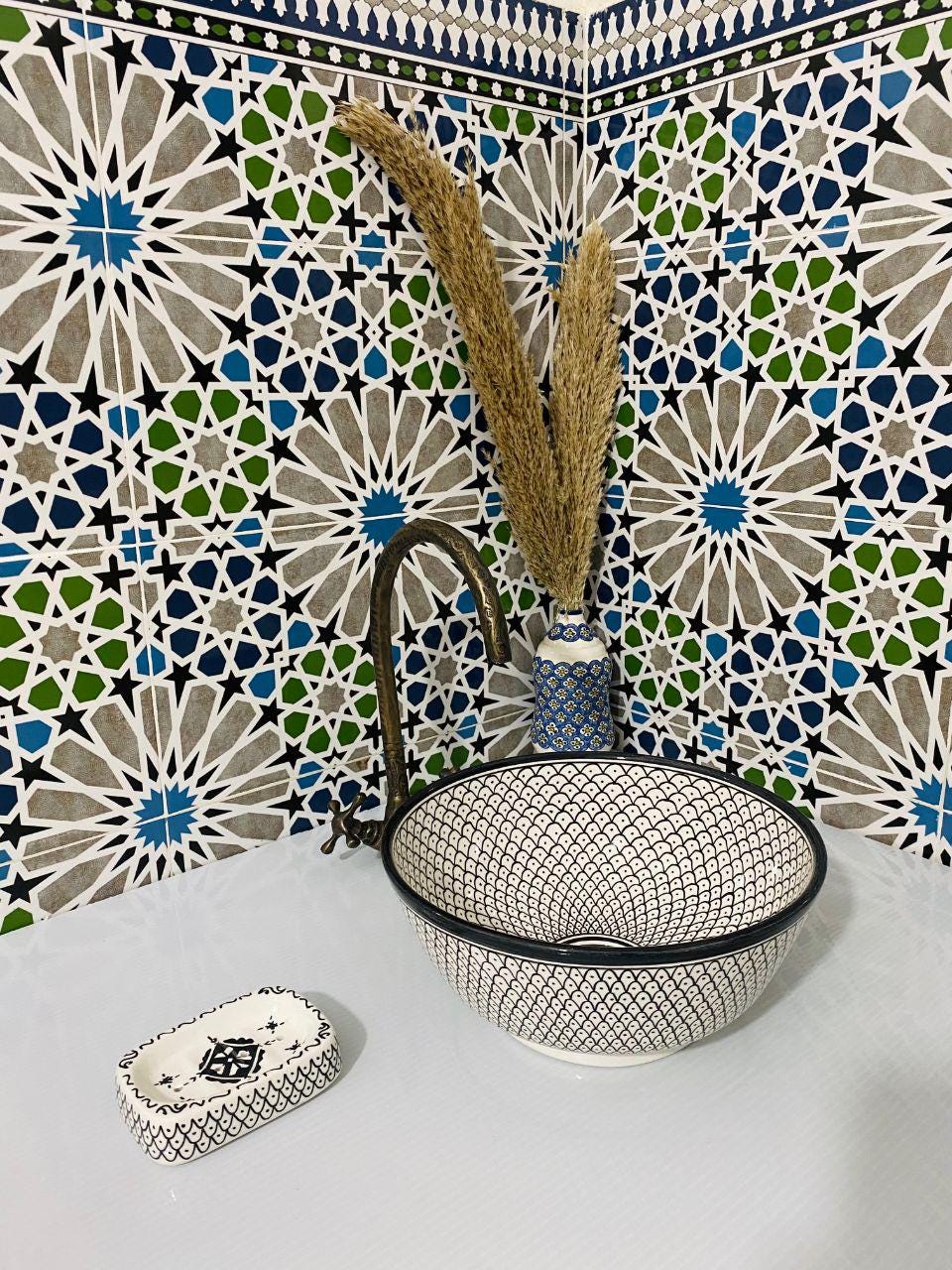 Handcrafted Moroccan Ceramic Sink – Black & White Pattern Vessel Basin – Artisan Bathroom Vanity