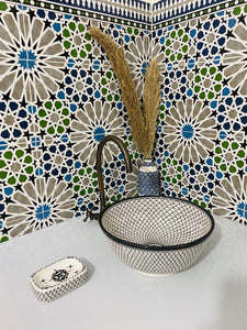 Handcrafted Moroccan Ceramic Sink – Black & White Pattern Vessel Basin – Artisan Bathroom Vanity