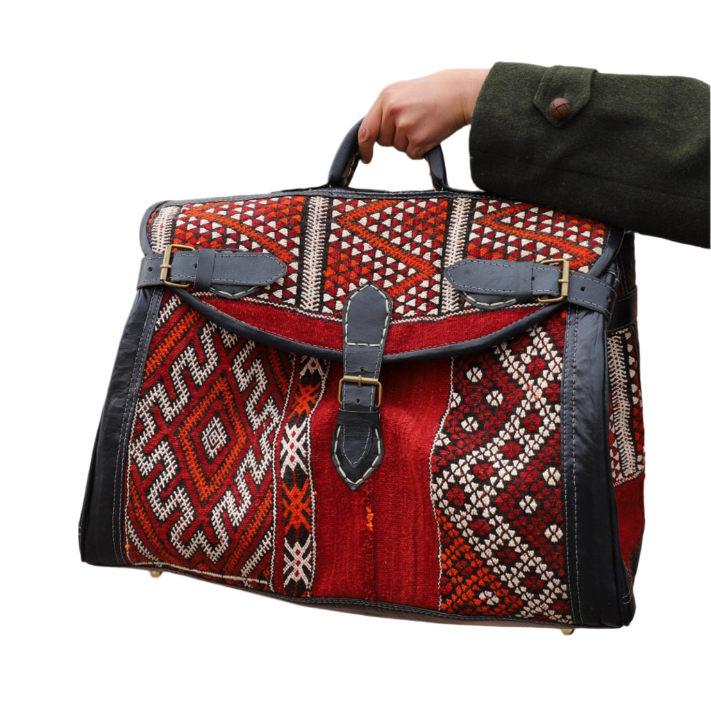 Handwoven Leather Duffle, Unisex Boho Travel Bag, Vintage Carpet Overnight Tote, Handmade Kilim Duffle Bag uni