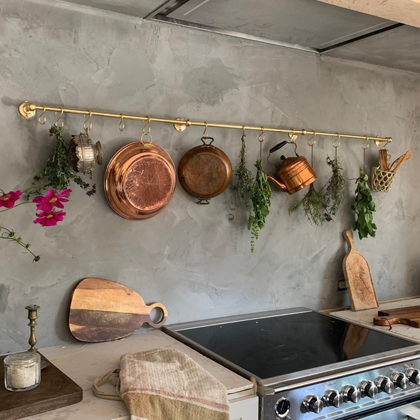 Antique Style Unlacquered Brass Pot Rack | Rustic Wall Mounted Kitchen