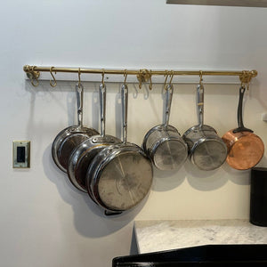 Handmade Unlacquered Brass Pot Rack Wall Mount with "S" Hooks - Rustic Brass Hanging Pan Rack